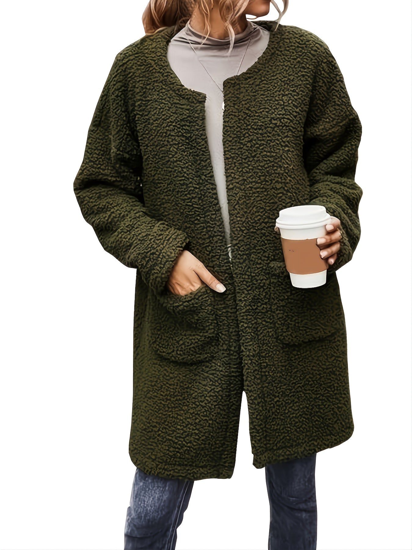 Women's Fluffy Winter Fur Coat with Crew Neck