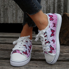 Women's Butterfly Pattern Canvas Shoes - Lace Up Low Round Toe Flat