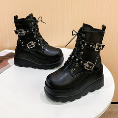 Gothic Style Ankle Boots Round Toe Buckle Strap Lace Up Side Zip Y2K High Heel