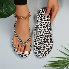 Leopard Pattern Flip Flops Faux Leather Slip On Flat Shoes
