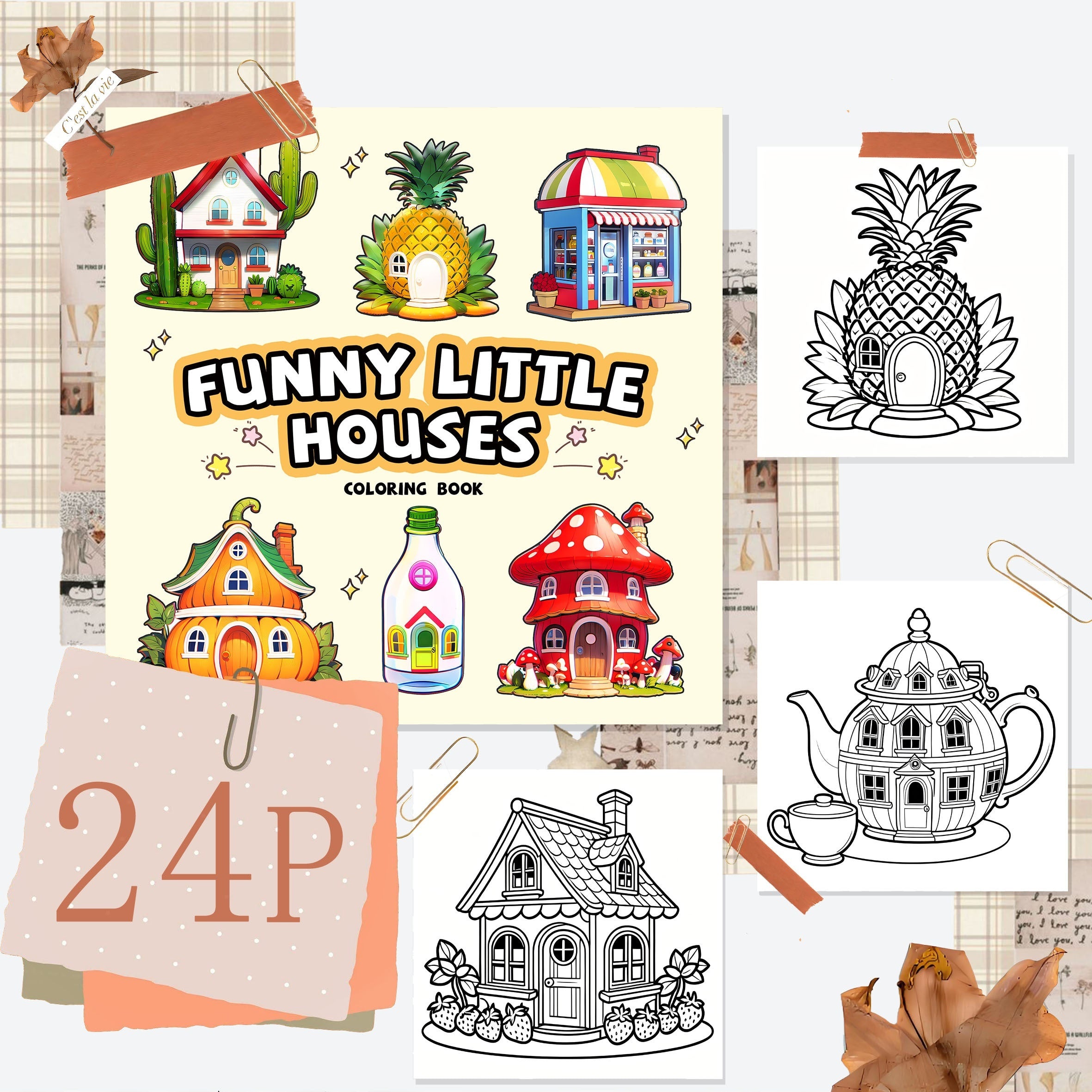 Funny Little Houses Adult Coloring Book - 24 Pages of Whimsical Designs