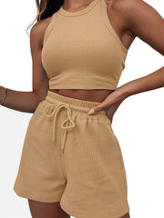 2pcs Waffle Casual Sports Sets Crew Neck Crop Top & Drawstring