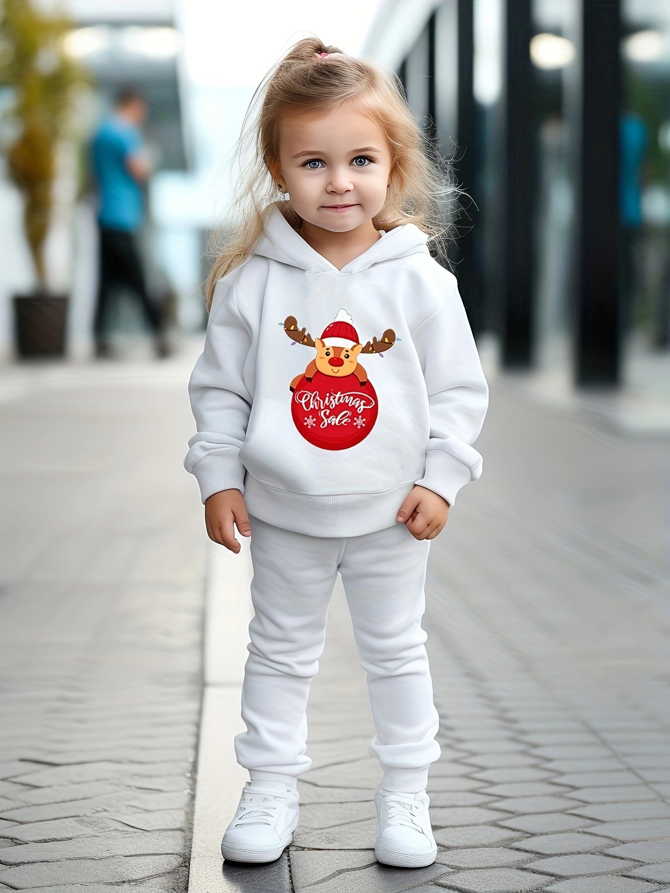 Winter Reindeer Print 2pcs Girls Hoodies Jogger Pants Set For Sports