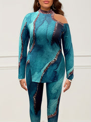 Women's Plus Marble Print One Shoulder High Neck Top & Leggings Set