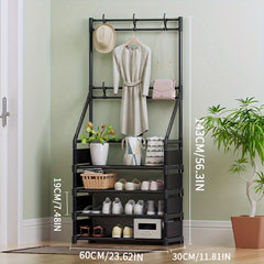 Minimalist Clothes Rack & Shoe Stool w/Metal Frame & 8 Hooks