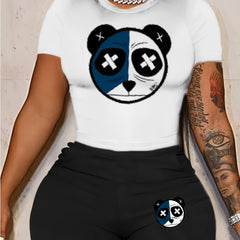 Cartoon Bear Print Two piece Set Short Sleeve Tops & Workout Shorts