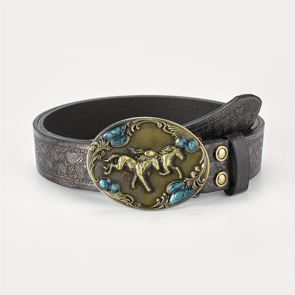 Men's Running Horse Belt PU Leather Floral Casual Jeans Western Cowboy Waist