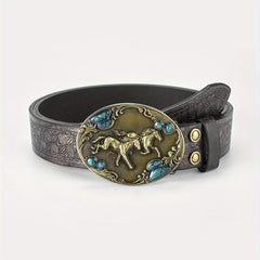 Men's Running Horse Belt PU Leather Floral Casual Jeans Western Cowboy Waist