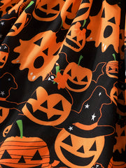 Girls Pumpkin Print Frill Trim Dress For Halloween Party