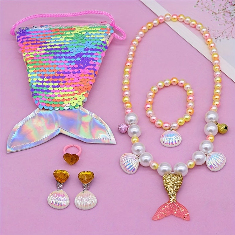 Girls Mermaid Tail Bag & Shell Pendant Bracelet Set