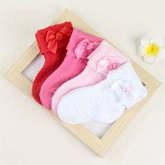 4pairs Baby Girls Kids Mesh Breathable Comfy Crew Socks with Bow Decoration