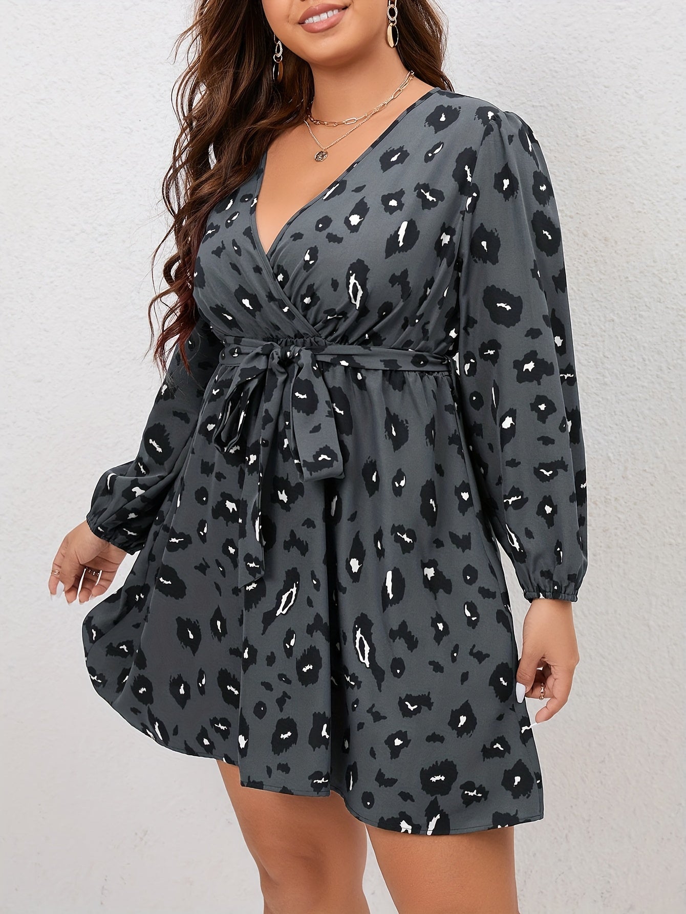 Leopard Print Long Sleeve Mini Dress With Belt