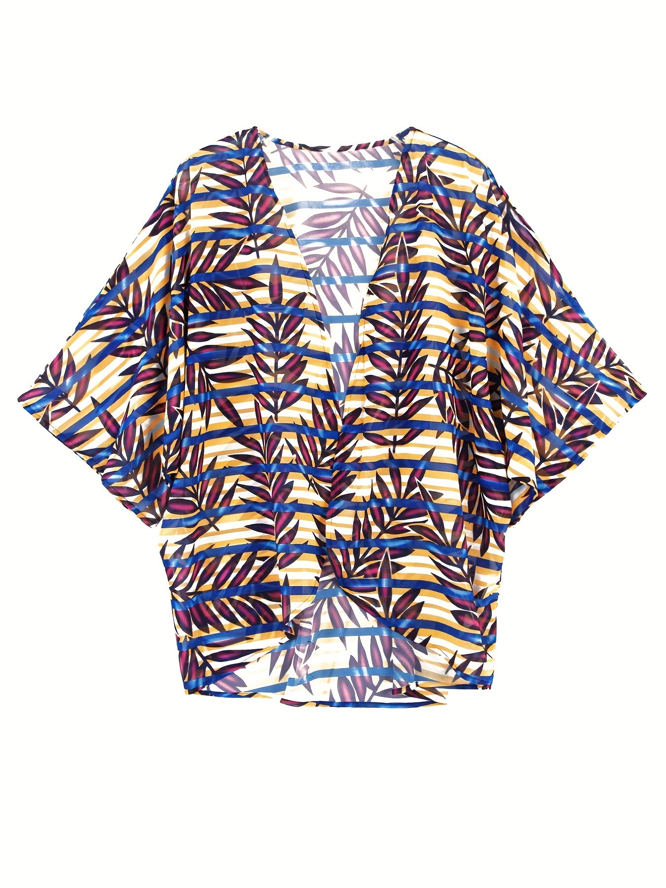 Leaf Print V Neck Cover Up Shirt Loose Fit Long Sleeves Non Stretch