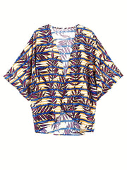 Leaf Print V Neck Cover Up Shirt Loose Fit Long Sleeves Non Stretch