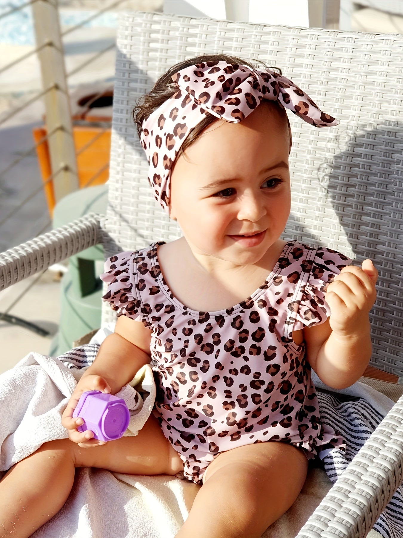 Leopard Print Swimwear With Headband Girls Bathing Suit Summer