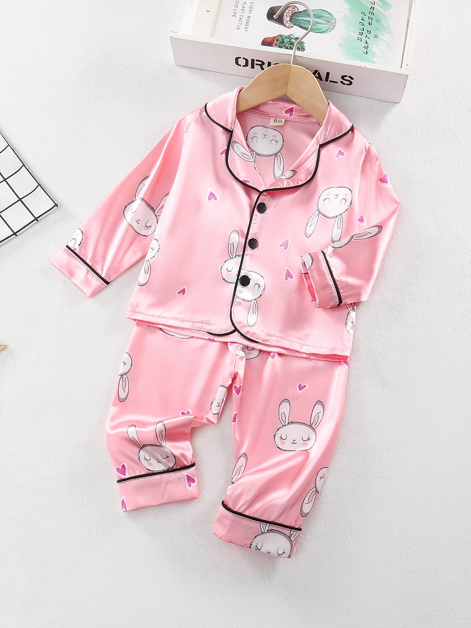 Girl's Rabbit Pattern 2pcs Button Front Long Sleeve Top & Pants Set