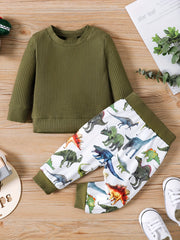 Boys Dino Print Outfit Long Sleeve Top Trousers Set