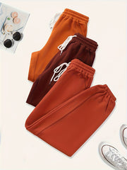 3 Pack Plus Size Basic Pants Women's Plus Solid Elastic Drawstring Hig...