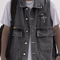 Men's Denim Vest Casual Street Style Big Pockets Turn-Down Collar Waistcoat