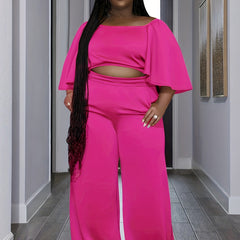 Solid Flare Crop Top & Wide Leg Pants Outfit Set