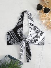 Paisley Print Beach Bikini Top Halter V Neck Tie Front High Stretch Beachwear