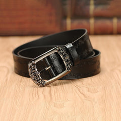 Vintage Embossed Leather Belt with Rectangular Buckle