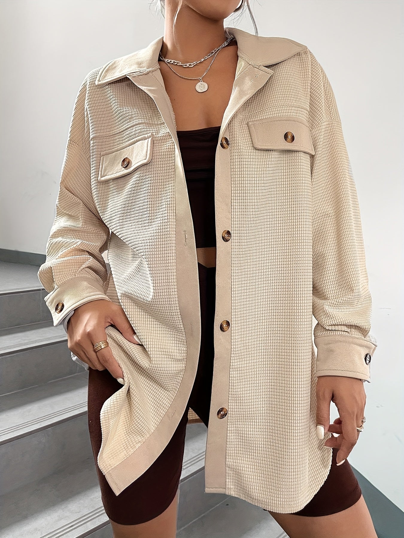 Solid Button Front Jacket Casual Collared Long Sleeve Outerwear Women's