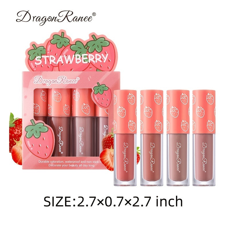 4 Pcs Strawberry Matte Lipstick Set Waterproof