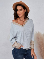 Women's V-Neck Block Sweatshirt Loose Pullover