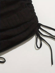 Ribbed Knit Drawstring Ruched Dress Long Sleeve Crew Neck Dress
