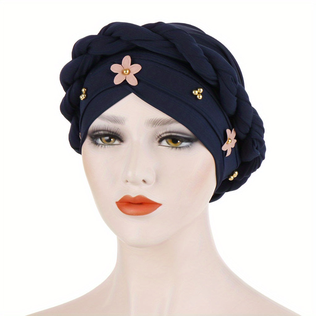 Beads Flower Turban Cap Twist Braid Head Scarf