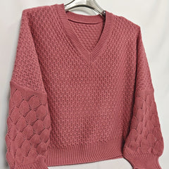 Lantern Sleeve Eyelet Embroidered V Neck Sweater