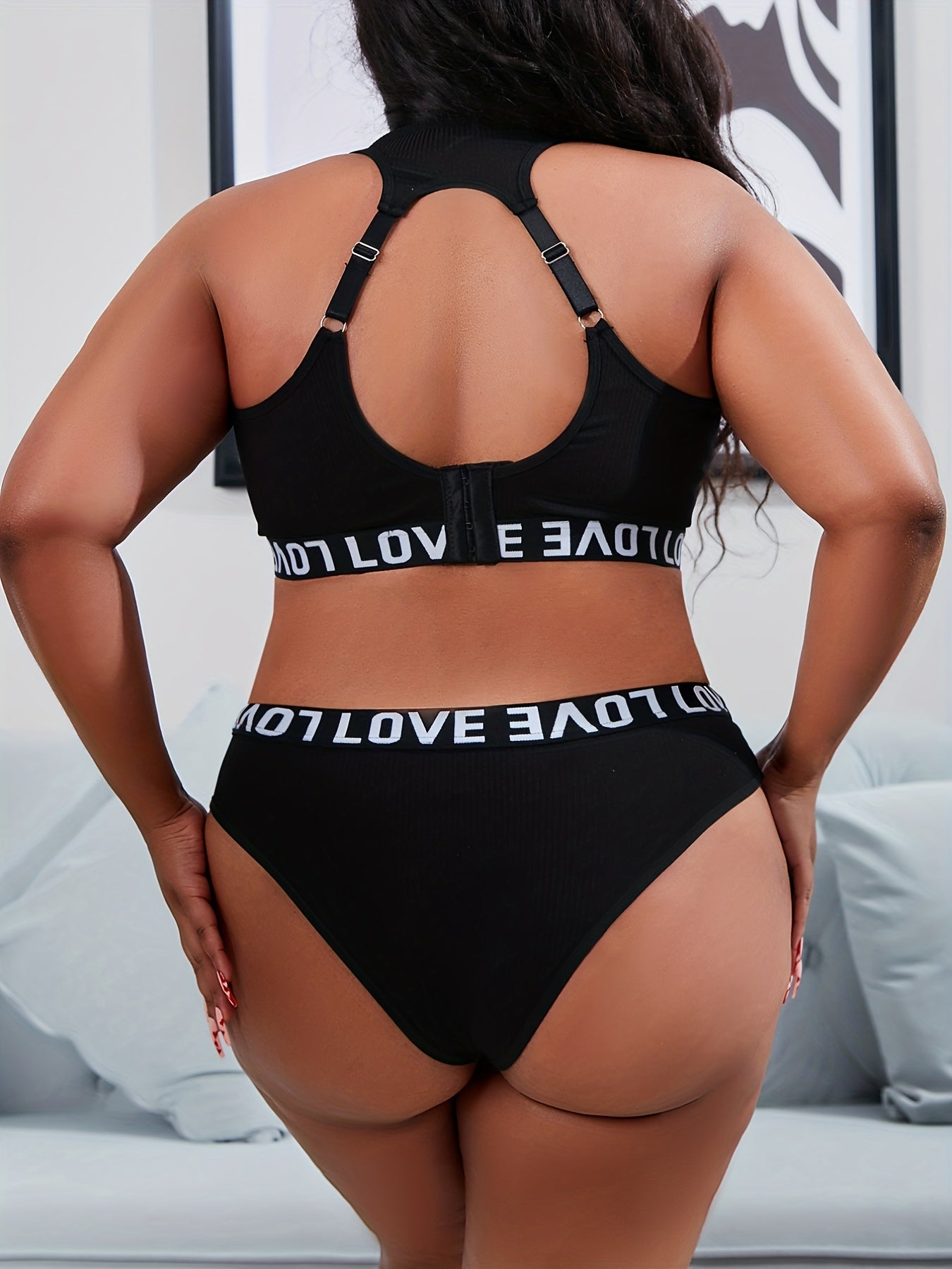 Ribbed Letter Tape Halter Bra & Panty Set