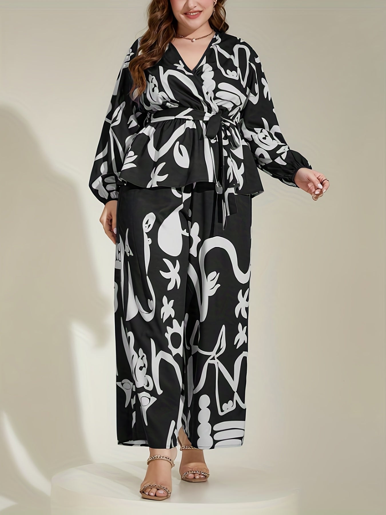 Abstract Print Lantern Sleeve Top & Pants Set