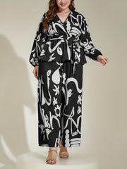Abstract Print Lantern Sleeve Top & Pants Set