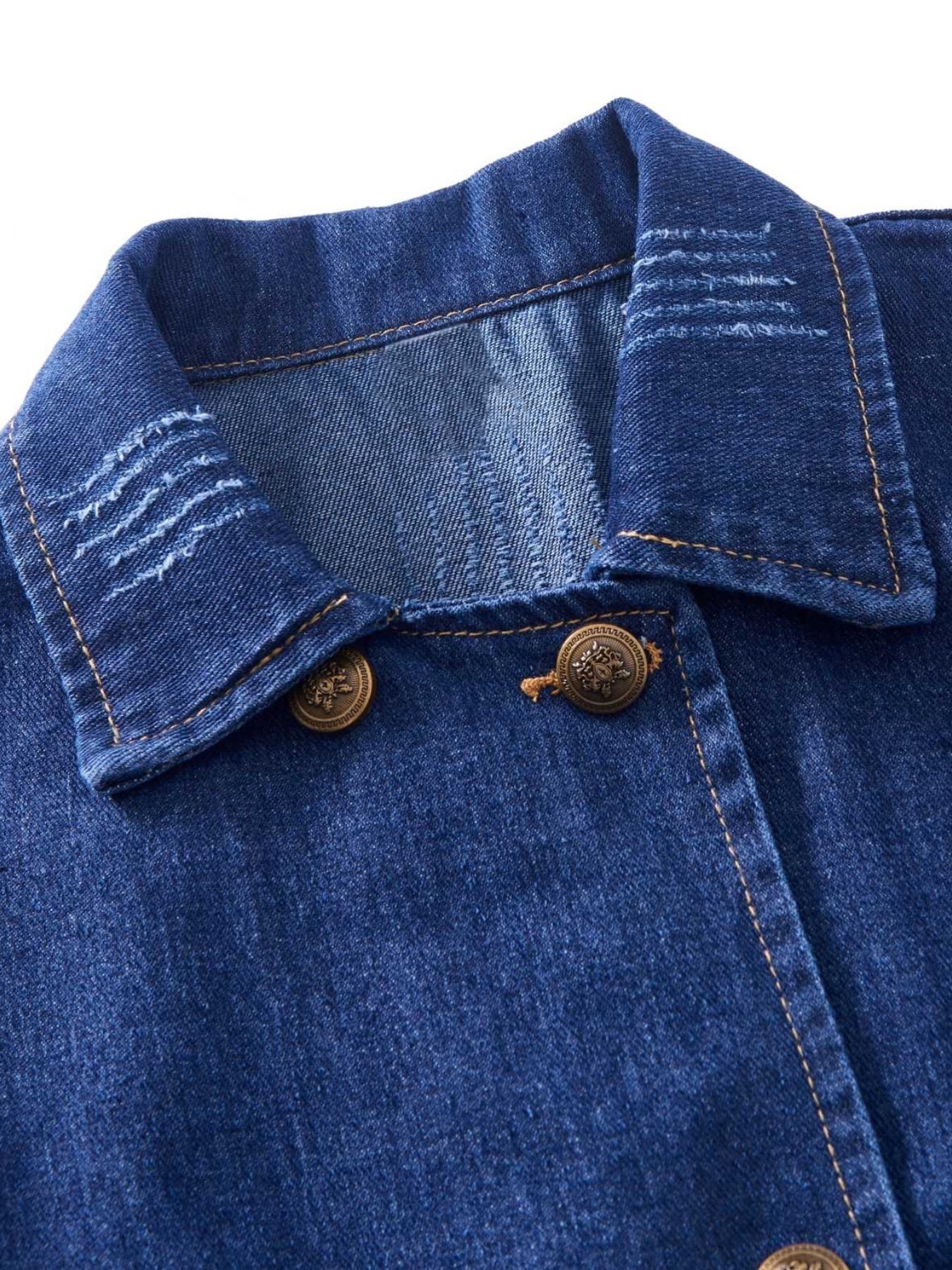 Double Breasted Distressed Denim Jacket Women's Long Sleeve Coat