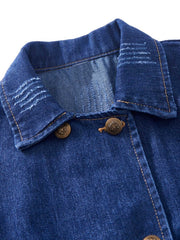 Double Breasted Distressed Denim Jacket Women's Long Sleeve Coat