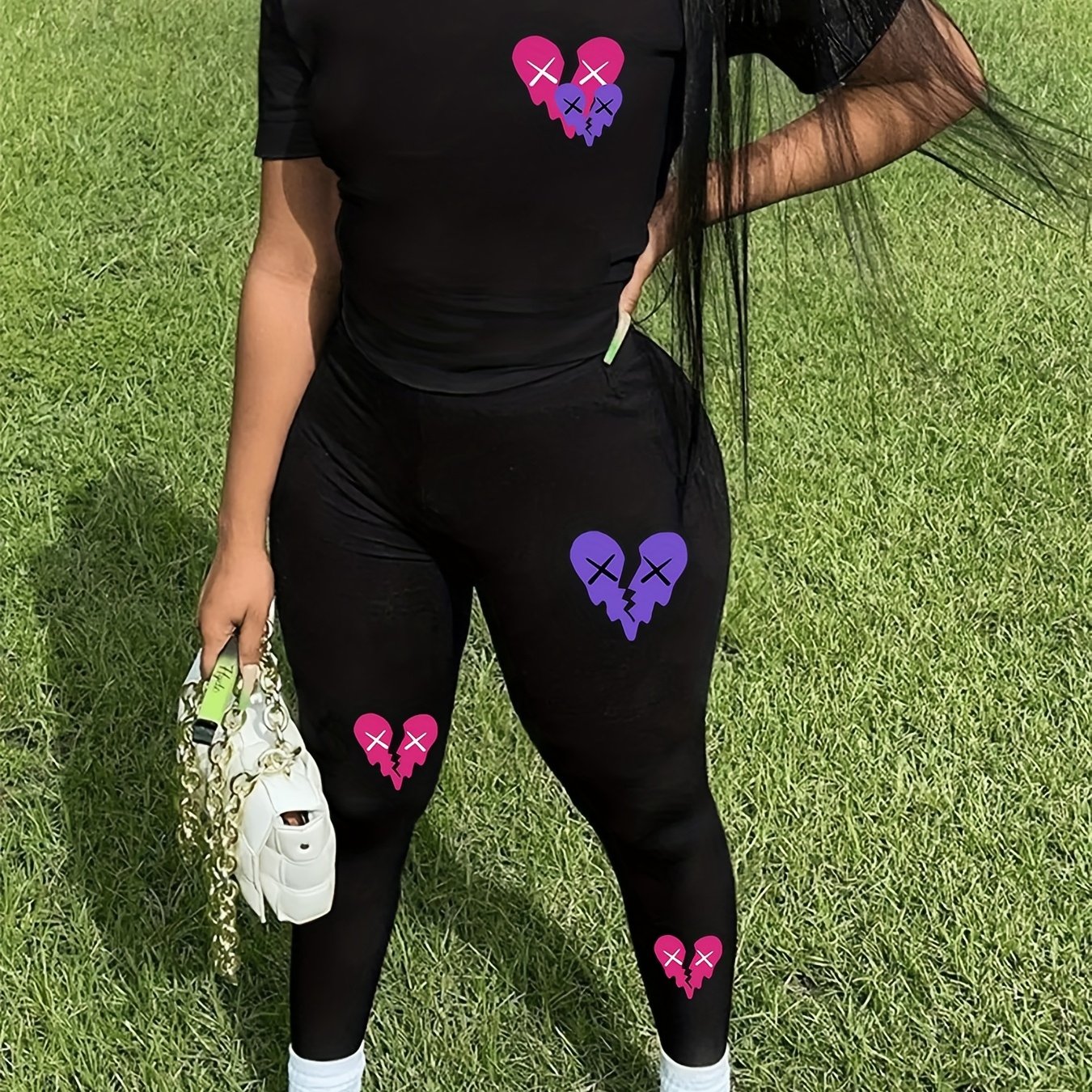 Broken Heart Print Two-piece Set Short Sleeve Tee & Leggings Outfits