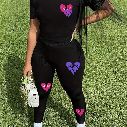 Broken Heart Print Two-piece Set Short Sleeve Tee & Leggings Outfits