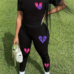 Broken Heart Print Two-piece Set Short Sleeve Tee & Leggings Outfits