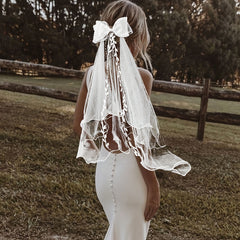 Bow Bridal Veil with Tassel & Leaf Pattern Double Layer Mesh Wedding Headpiece