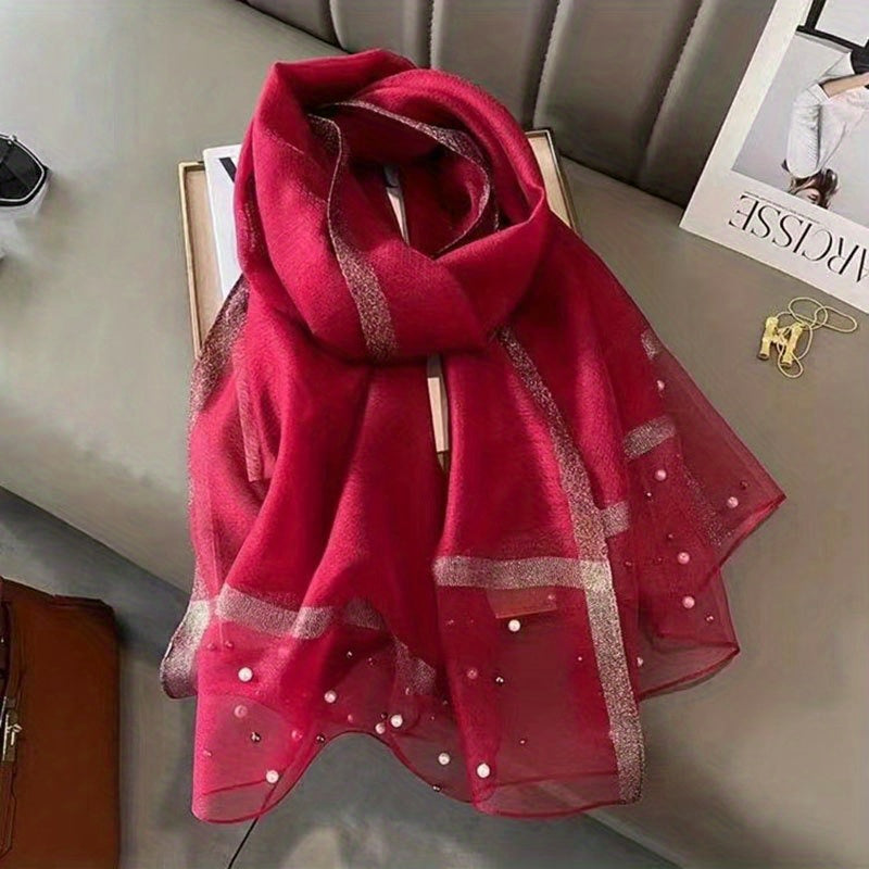 Faux Pearl Decor Scarf Casual Silk & Chiffon Shawl Scarf Wrap