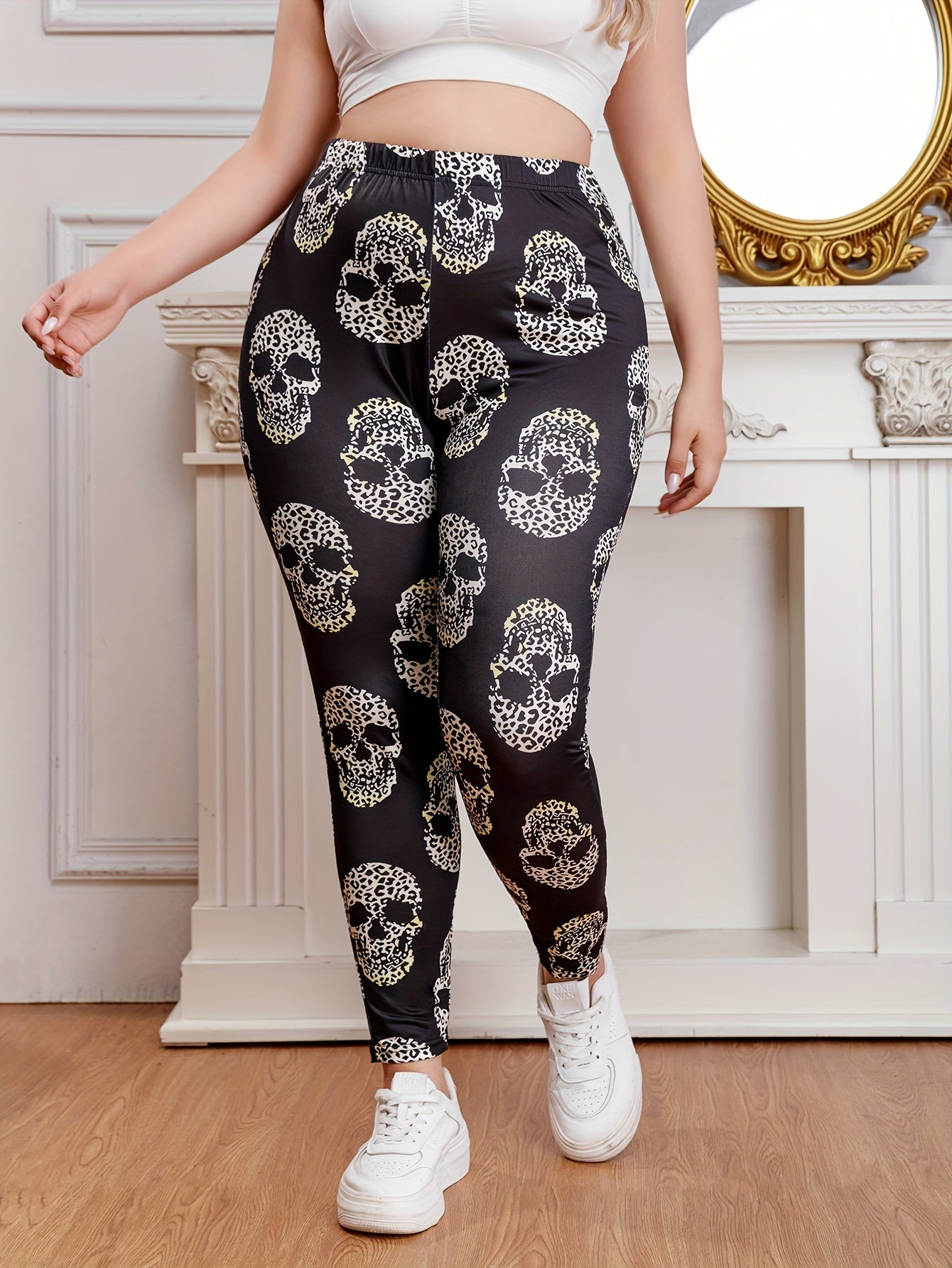 Gothic Leggings Women's Plus Leopard Skull Print Elastic High Rise Str