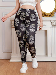 Gothic Leggings Women's Plus Leopard Skull Print Elastic High Rise Str