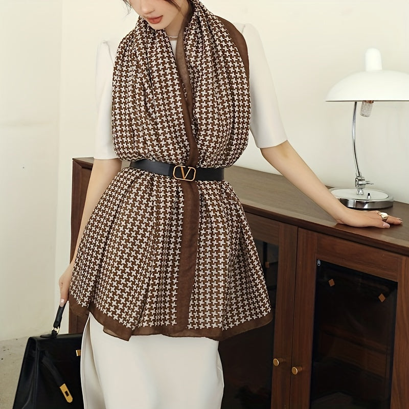 Brown Houndstooth Print Large Scarf Shawl Sunscreen Head Wrap