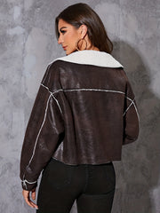 Faux Leather Aviator Jacket Long Sleeve Women's Clothing