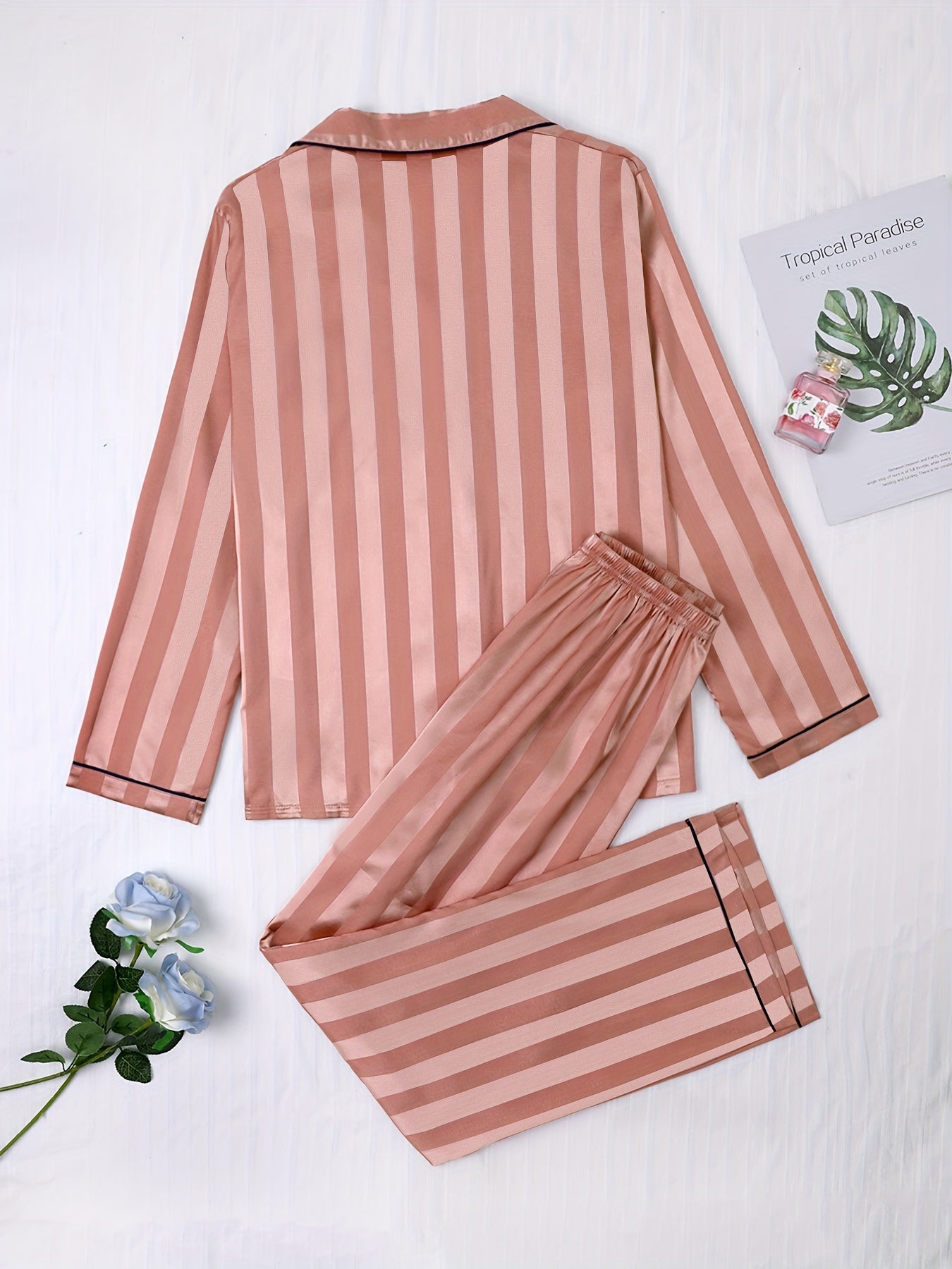 Striped Satin Pajama Set Long Sleeve Buttons Top & Elastic Waistband Pants