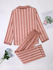 Striped Satin Pajama Set Long Sleeve Buttons Top & Elastic Waistband Pants