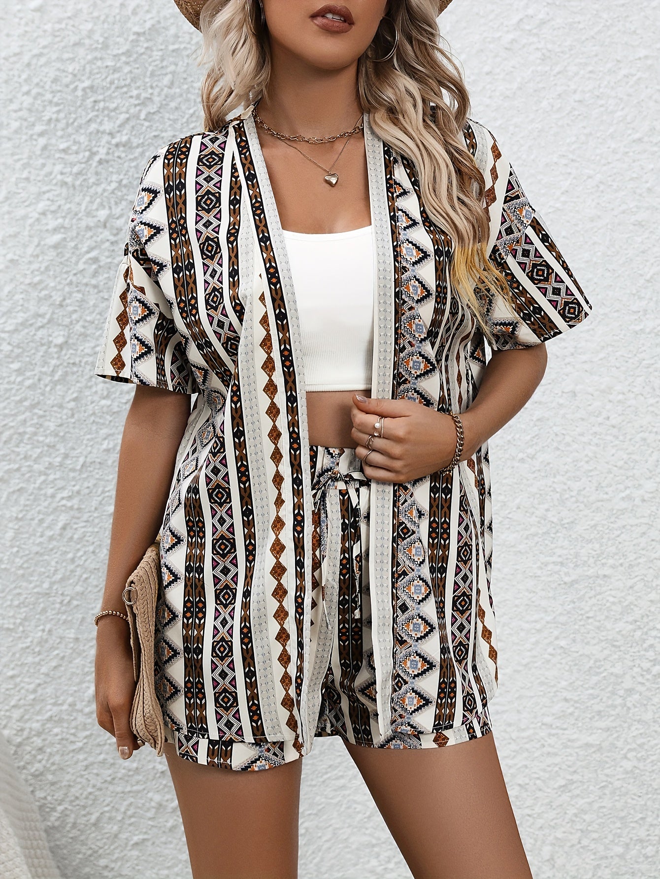 Argyle Print Two Piece Set Short Sleeve Tops & Drawstring Shorts