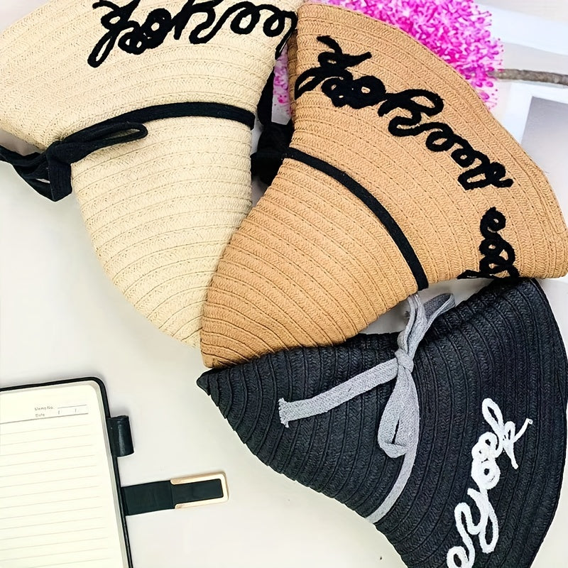 Letter Embroidery Sun Hat Wide Brim UV Protection Straw Hat